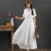 【AMIEE】飄逸氣質棉麻雪紡洋裝(KDD-9128B) M 白色
