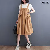 【AMIEE】遮腹顯瘦寬鬆減齡棉麻洋裝(KDD-1905) L 卡其