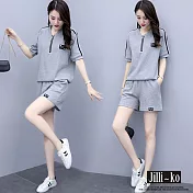 【Jilli~ko】兩件套夏季新款拉鍊休閒寬鬆運動套裝 J8970　 FREE 淺灰色