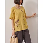 【慢。生活】文藝花草刺繡設計感棉質上衣 9008  FREE 黃色