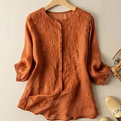 【ACheter】 刺繡寬鬆氣質漂亮棉麻七分袖上衣# 112681 M 橘紅色