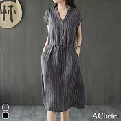 【ACheter】 亞麻感薄款系帶豎條紋短袖洋裝# 112717 M 深灰色