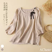 【ACheter】 簡約文藝蝴蝶結亞麻感五分袖襯衫# 112719 L 卡其色