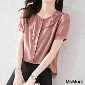 【MsMore】 荷葉設計收腰顯瘦泡泡袖純色襯衫# 112728 M 紫色