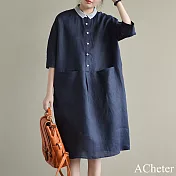 【ACheter】 棉麻休閒文藝大碼寬鬆洋裝# 112580 M 藍色