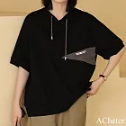 【ACheter】 棉質連帽短袖衛衣T恤# 112735 L 黑色