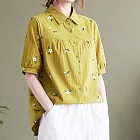 【ACheter】 沁涼開襟印花短袖襯衫棉麻上衣# 112746 L 黃色