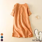 【ACheter】 純色質感圓領短袖棉麻洋裝# 112740 M 磚紅色