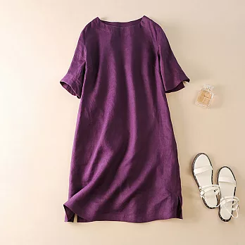 【ACheter】 純色質感圓領短袖棉麻洋裝# 112740 M 紫色