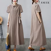 【AMIEE】顯瘦優雅綁帶長版棉麻洋裝(KDD-1590) M 卡其