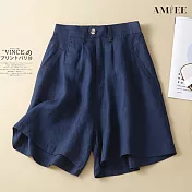 【AMIEE】氣質舒適百搭棉麻五分褲(KDP-1307) XL 深藍
