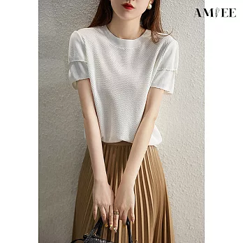 【AMIEE】簡約顯瘦蛋糕袖針織衫(KDT-3136) S 白色