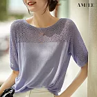 【AMIEE】清冷鹽系挑洞勾花亮絲針織衫(KDT-6328) S 紫色