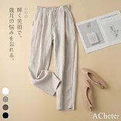 【ACheter】 氣質鬆緊腰寬鬆休閒棉麻褲# 112748 XL 杏色