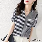 【ACheter】 簡約俐落格紋拼接短袖V領上衣# 112758 M 藏青