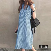 【Jilli~ko】格子V領下擺開衩寬鬆短袖中長裙連衣裙 M-XL J8755　 FREE 藍色