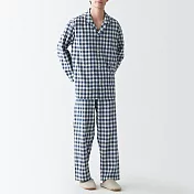 【MUJI 無印良品】男有機棉無側縫二重紗織家居睡衣 S-M 深藍格紋