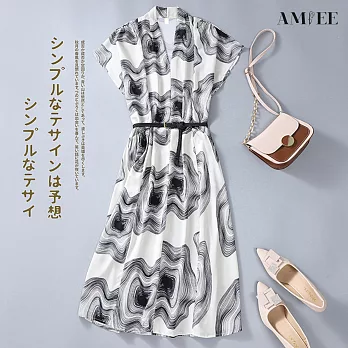 【AMIEE】復古氣質印花連身洋裝(KDD-4489) M 白色