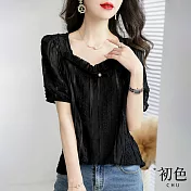 【初色】韓風蕾絲撞色包邊襯衫-共2色-61623(M-2XL可選) XL 黑色
