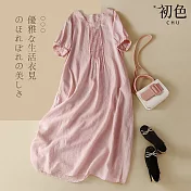 【初色】棉麻風純色寬版圓領洋裝-共2色-61542(M-2XL可選) L 粉紅色