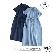 【初色】棉麻風繫帶短袖洋裝-共2色-61380(M-2XL可選) M 藏青色