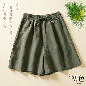 【初色】復古繫帶棉麻風短褲-共4色-61601(M-2XL可選) XL 綠色