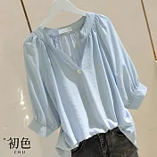 【初色】韓版寬鬆V領五分袖襯衫-共2色-61465(M-2XL可選) 2XL 藍色