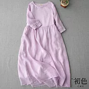 【初色】文藝圓領寬鬆七分袖純色連身洋裝-共3色-61726(M-2XL可選) M 粉色