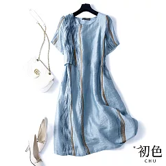 【初色】棉麻風印花洋裝─藍色─61716(M─2XL可選) M 藍色