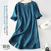【初色】簡約休閒棉麻風洋裝-共3色-61102(M-2XL可選) XL 藍色