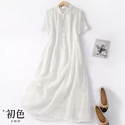 【初色】收腰娃娃衣領短袖亞麻洋裝-共2色-61575(M-2XL可選) M 白色