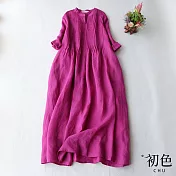 【初色】壓褶飄逸純色棉麻風洋裝-共4色-61725(M-2XL可選) XL 玫紅色
