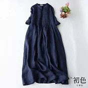 【初色】壓褶飄逸純色棉麻風洋裝-共4色-61725(M-2XL可選) M 藏青色