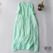 【初色】壓褶飄逸純色棉麻風洋裝-共4色-61725(M-2XL可選) M 淺綠色