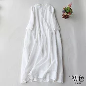 【初色】壓褶飄逸純色棉麻風洋裝-共4色-61725(M-2XL可選) M 白色