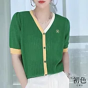 【初色】拼色短袖開襟針織衫-共4色-61270(F可選) F 綠色