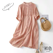 【初色】日系棉麻風褶皺襯衫洋裝-共3色-61564(M-2XL可選) M 粉色
