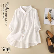 【初色】彩色扣寬版棉麻風襯衫-共4色-61723(M-2XL可選) XL 白色