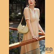 【初色】V領氣質短袖洋裝-共4色-61101(M-XL可選) XL 杏色