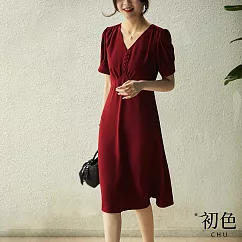 【初色】V領氣質短袖洋裝─共4色─61101(M─XL可選) L 酒紅色