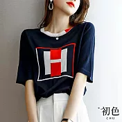 【初色】日系撞色短袖T恤-共3色-61096(F可選) F 藏藍色