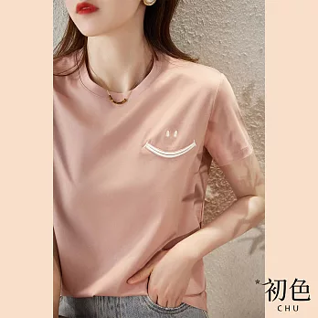 【初色】微笑刺繡短袖T恤-粉色-61057(M-2XL可選) XL 粉色