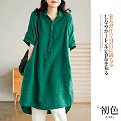 【初色】復古文藝亞麻風中長版襯衫連衣裙-共5色-60930(M-2XL可選) L 綠色