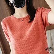 【初色】格紋圓領短袖針織衫-共6色-60792(F可選) F 西瓜紅