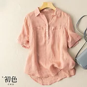 【初色】簡約休閒棉麻風襯衫上衣-共5色-61047(M-2XL可選) M 粉色