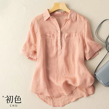【初色】簡約休閒棉麻風襯衫上衣-共5色-61047(M-2XL可選) XL 粉色