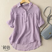 【初色】簡約休閒棉麻風襯衫上衣-共5色-61047(M-2XL可選) M 紫色