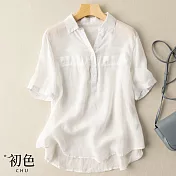 【初色】簡約休閒棉麻風襯衫上衣-共5色-61047(M-2XL可選) M 白色