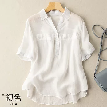 【初色】簡約休閒棉麻風襯衫上衣-共5色-61047(M-2XL可選) XL 白色