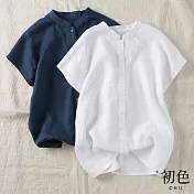 【初色】亞麻風短袖立領襯衫-共3色-61030(M-2XL可選) XL 白色